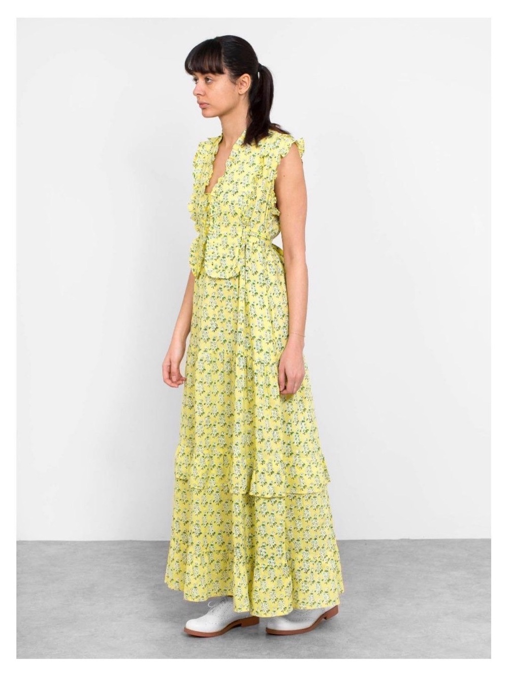 Banjanan Yellow Floral Ruffle-Tier Maxi Dress